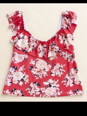 Torrid Floral Swim Top Size 4 Red Ruffle Tankini Plus Size